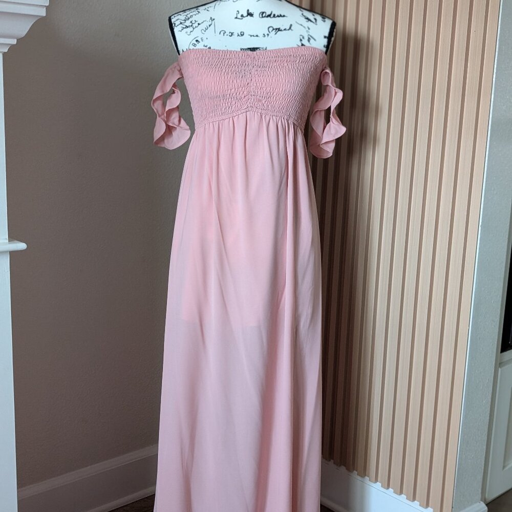 Romantic Pink Off-Shoulder Smocked Maxi Dress – Size S – Boho Ruffle Sleeve, Flo